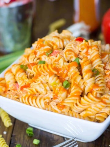 Buffalo chicken style pasta salad in a white bowl