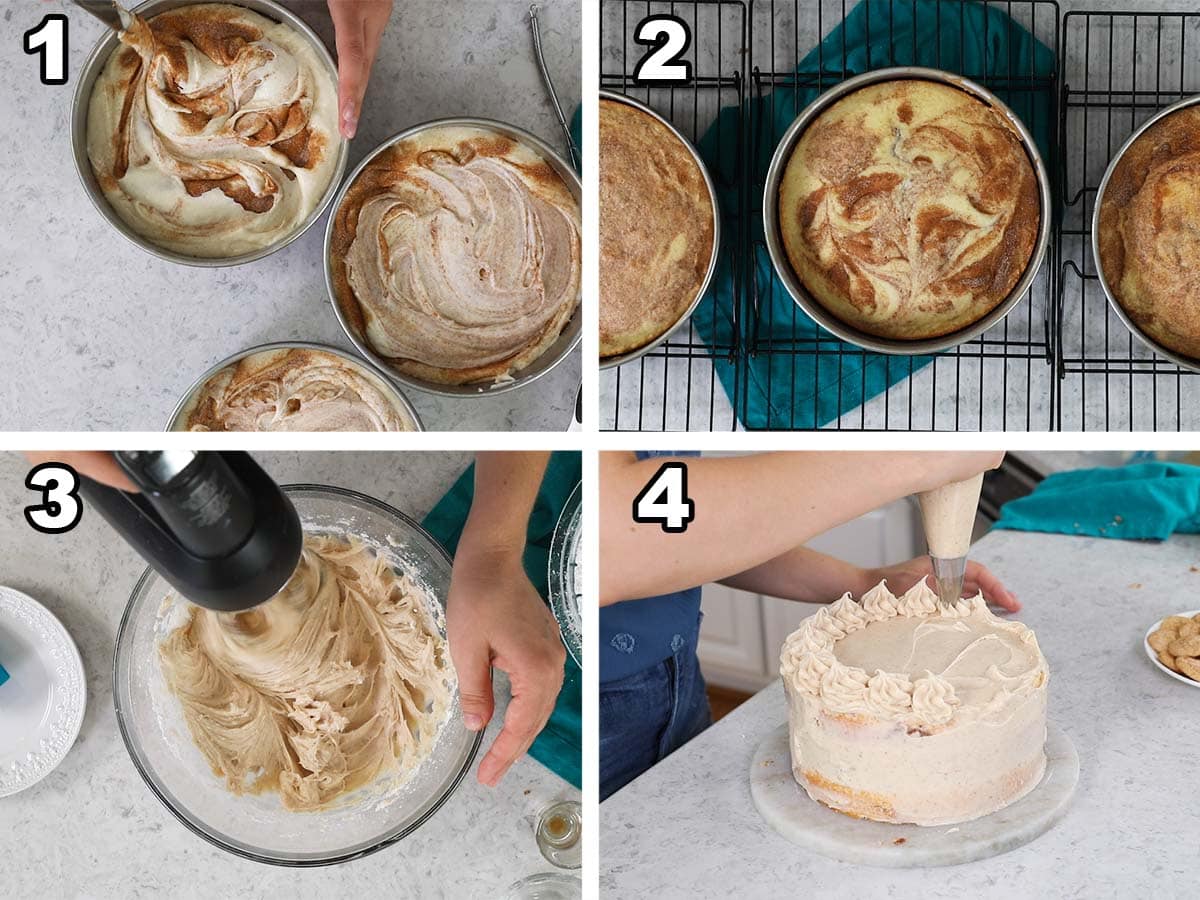 Four photos showing a cinnamon swirled cake being prepared and decorated.